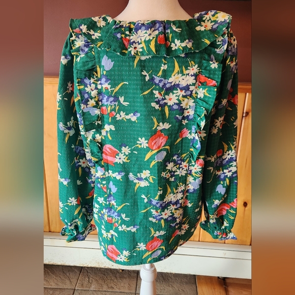 Loft Bouquet Floral Ruffle Tie Neck Top Blouse Green Size Small - Picture 5 of 11